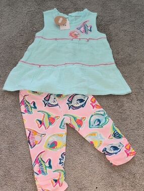 Mud Pie Aqua Tunic & Pink Fish Print Leggings Set